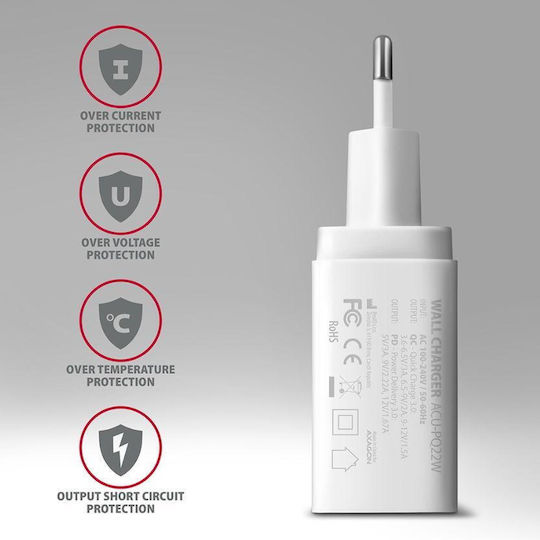 Axagon Φορτιστής Χωρίς Καλώδιο με Θύρα USB-A και Θύρα USB-C Quick Charge 3.0 Λευκός (ACU-PQ22W)