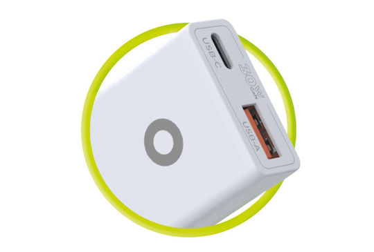 Mobile Origin Φορτιστής Χωρίς Καλώδιο GaN με Θύρα USB-A και Θύρα USB-C 30W Power Delivery Λευκός (MO16)