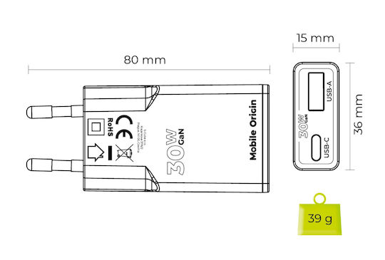 Mobile Origin Φορτιστής Χωρίς Καλώδιο GaN με Θύρα USB-A και Θύρα USB-C 30W Power Delivery Λευκός (MO16)