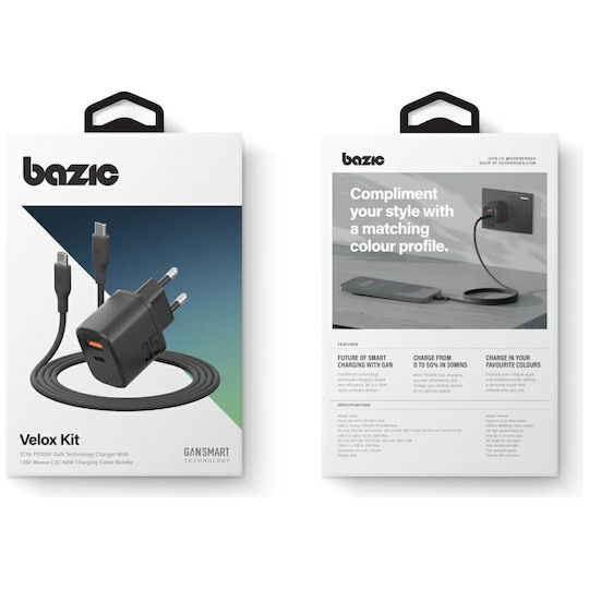 Bazic Charger GaN with USB-A Port and USB-C Port and Cable USB-C - USB-C 35W Power Delivery / Quick Charge 3.0 Blacks (Goport Velox Kit)
