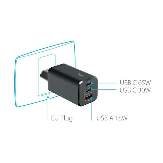 Lampa Charger Without Cable with USB-A Port and 2 USB-C Ports 65W Power Delivery / Quick Charge 3.0 Blacks (Home Rocket)