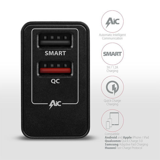 Axagon Φορτιστής Χωρίς Καλώδιο με 2 Θύρες USB-A Quick Charge 3.0 Μαύρος (ACU-QS24)
