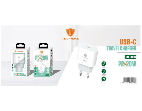 Technovo Зарядно без кабел с USB-C порт 20W Бял (TN-C008)