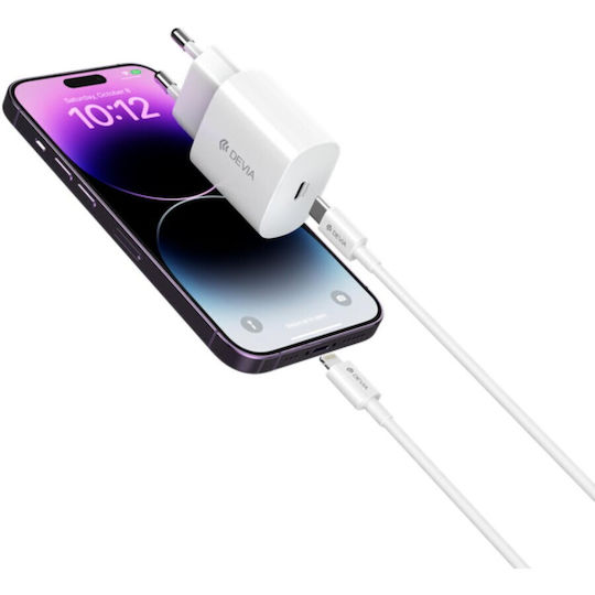 Devia Charger GaN with USB-C Port and Cable USB-C - Lightning 20W Power Delivery Whites (Rocket)