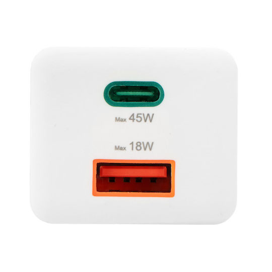 HAMA Зарядно без кабел GaN с USB-A порт и USB-C порт 45W Power Delivery Бял (00201993)