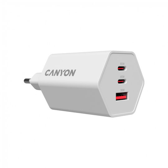 Canyon Φορτιστής Χωρίς Καλώδιο GaN με Θύρα USB-A και 2 Θύρες USB-C 65W Power Delivery Λευκός (CND-CHAHEX65W)