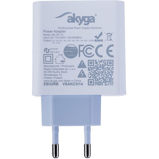 Akyga Charger Without Cable with USB-A Port and USB-C Port 45W Power Delivery / Quick Charge 3.0 Whites (AK-CH-14)