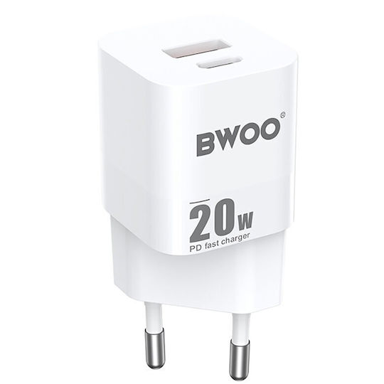 BWOO Зарядно без кабел GaN (Галуниев нитрид) с USB-A порт и USB-C порт 20W Доставка на енергия / Бързо зареждане 3.0 Бял (CDA156)