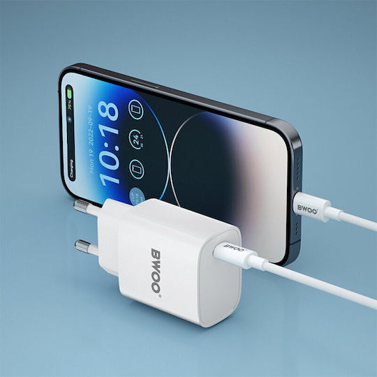BWOO Ladegerät mit USB-C Anschluss und Kabel USB-C - Lightning 20W Stromlieferung Weißs (CDA159)