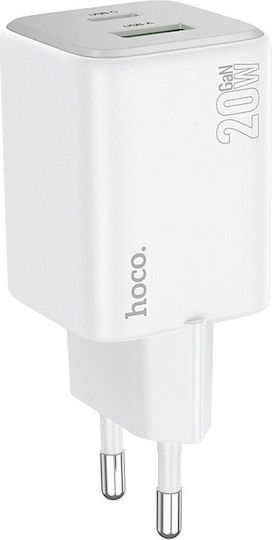 Hoco Зарядно без кабел GaN (Галуниев нитрид) с USB-A порт и USB-C порт 20W Доставка на енергия / Бързо зареждане 3.0 Бял (N41)