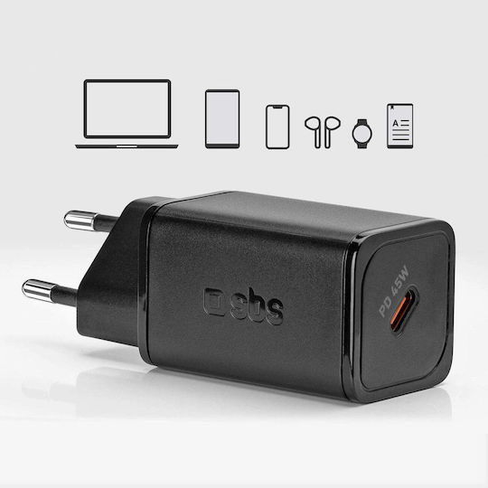 SBS Зарядно Устройство Без Кабел GaN с USB-C Изходен Порт 45W Power Delivery Черно (TRGAN1C45W)
