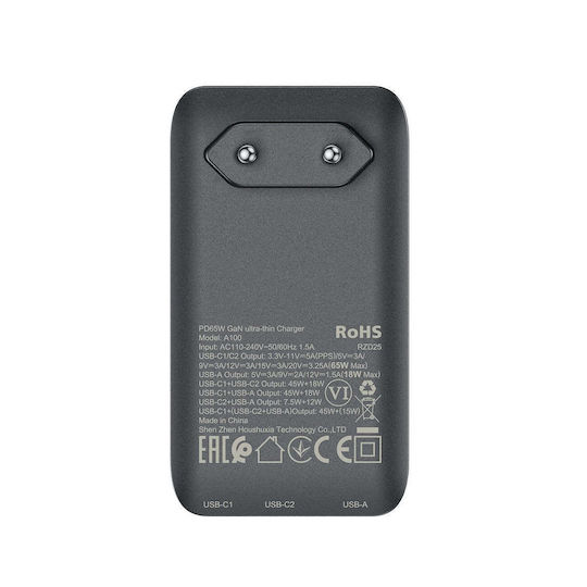 Acefast Φορτιστής Χωρίς Καλώδιο GaN με Θύρα USB-A και 2 Θύρες USB-C 65W Power Delivery / Quick Charge 4+ Μαύρος (A100)