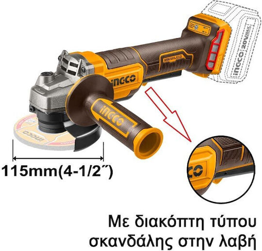 Ingco CAGLI211156 Grinder 115mm Battery Brushless 20V Solo