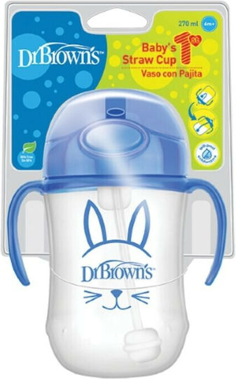 Dr. Brown's Детска Чаша с Дръжки и Сламка Baby's First Straw Cup от Пластмаса Синя Bear 270ml за 6m+