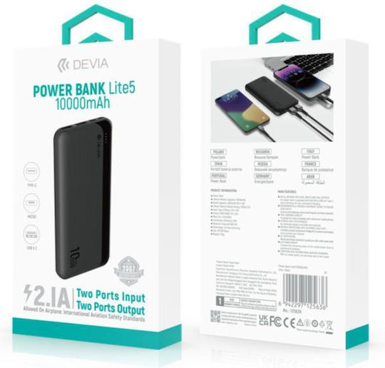 Devia EP187 Power Bank 10000mAh 10W με 2 Θύρες USB-A Μαύρο