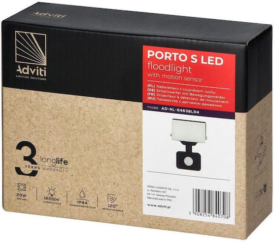 Led Projector Orno 20w Pir 1600lm Ip44 4000k Aluminum + Polycarbonate White Black
