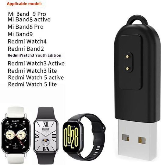 Band 2 Зарядно за Xiaomi Redmi Band 2, Redmi Watch 3 Lite, Redmi Watch 3 Active, Smart Band 8 Pro, Smart Band 8 Active, Redmi Watch 4, Mi Band 9, 9 Pro, Redmi Watch 5 Черен