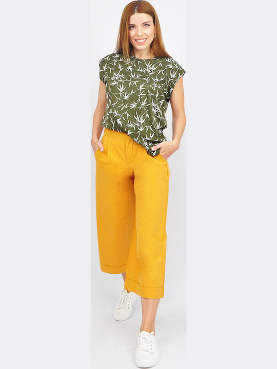 Damen Stoff Capri Hose mit Gummiband in Gerader Bein Stil Gelb