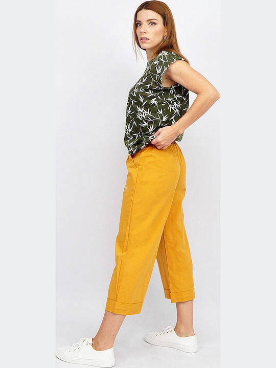 Damen Stoff Capri Hose mit Gummiband in Gerader Bein Stil Gelb