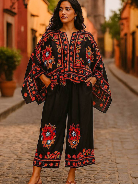 Women's Black Set with Pants with Elastic in Loose Fit