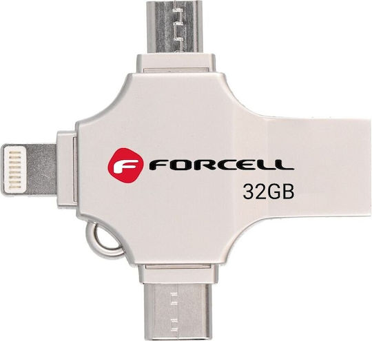 Forcell 32GB USB 3.2 Stick με σύνδεση Lightning,USB-A & USB-C Ασημί