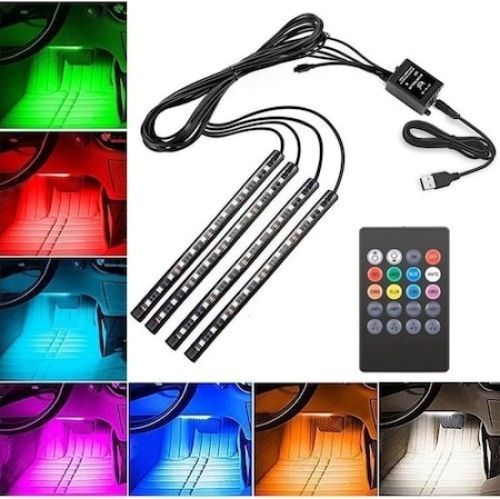 Set 4 Benzi Iluminat Ambiental Auto Foxmag24 Telecomandă Intensitate Reglabilă 12 Led