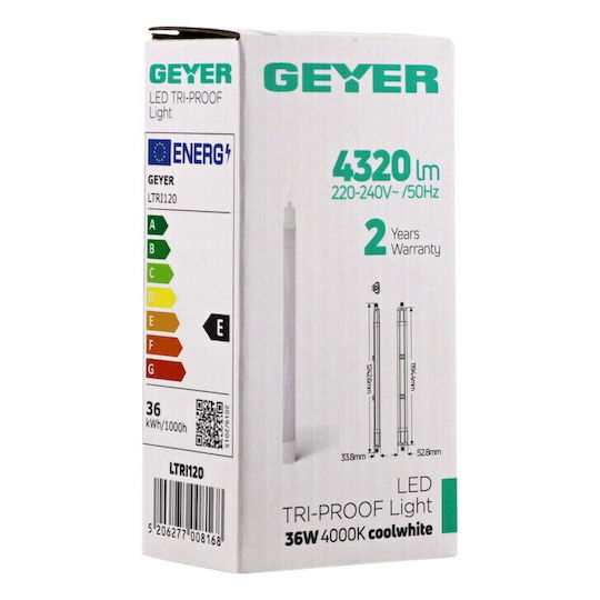 Ltri120 Beleuchtungsschiene Led Tri-proof 1,20m 36w 4000k 4320lm Ip65 Geyer