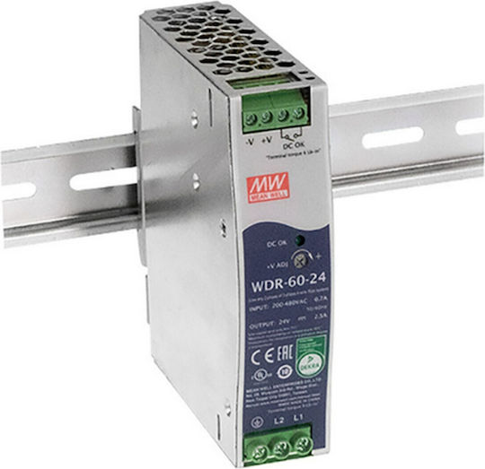 Mean Well Τροφοδοτικό Ράγας με Έξοδο 24V και Ισχύ 60W 2.5A