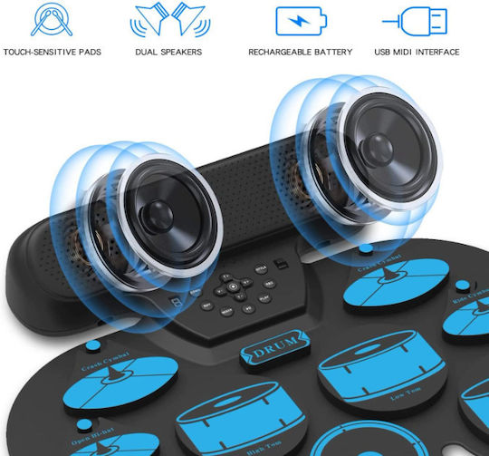 Roza Wg101 Παιδικό Ηλεκτρονικό Σετ Τυμπάνων 9 Pads Usb Midi Ηχεία & Πεντάλ – Μπλε