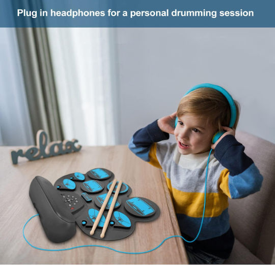 Roza Wg101 Παιδικό Ηλεκτρονικό Σετ Τυμπάνων 9 Pads Usb Midi Ηχεία & Πεντάλ – Μπλε