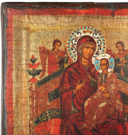 Panagia Pantanassa Engraved Wooden Aged Icon Canvas Gold Background Authentic Product of Vatopedi Monastery Holy Great Monastery Vatopedi 30405000028123 22 X 18 Cm