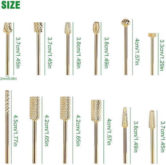 Set of 12 Gold Tungsten Carbide Nail Drill Bits of Exceptional Durability