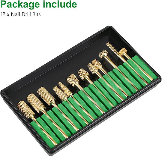 Set of 12 Gold Tungsten Carbide Nail Drill Bits of Exceptional Durability