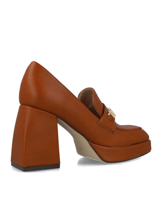 Menbur Pantofi Cu Toc Damă Mocasin Cu Toc Gros 23370 1-Tabac Maro
