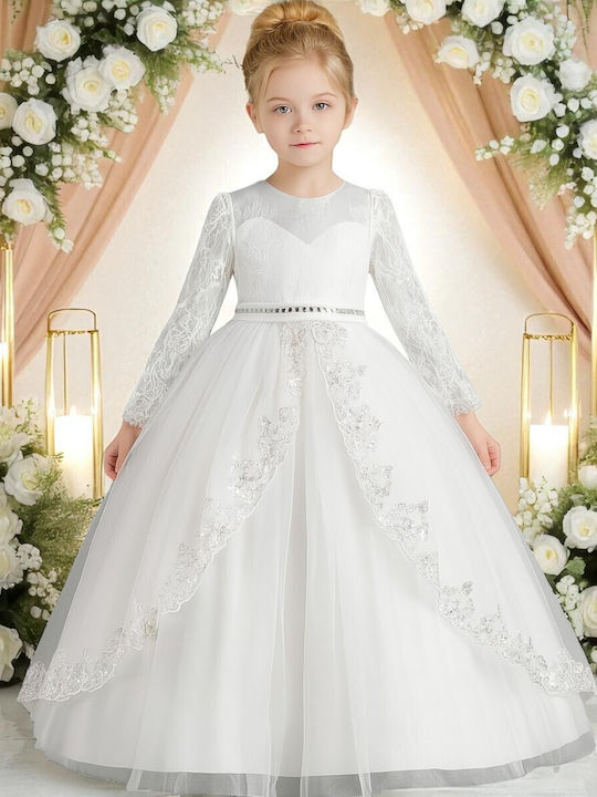 Mädchenkleid Langärmelig mit Spitze Set aus Zubehör Weiß