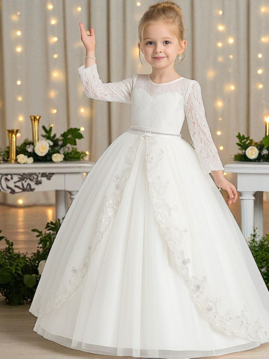 Mädchenkleid Langärmelig mit Spitze Set aus Zubehör Weiß