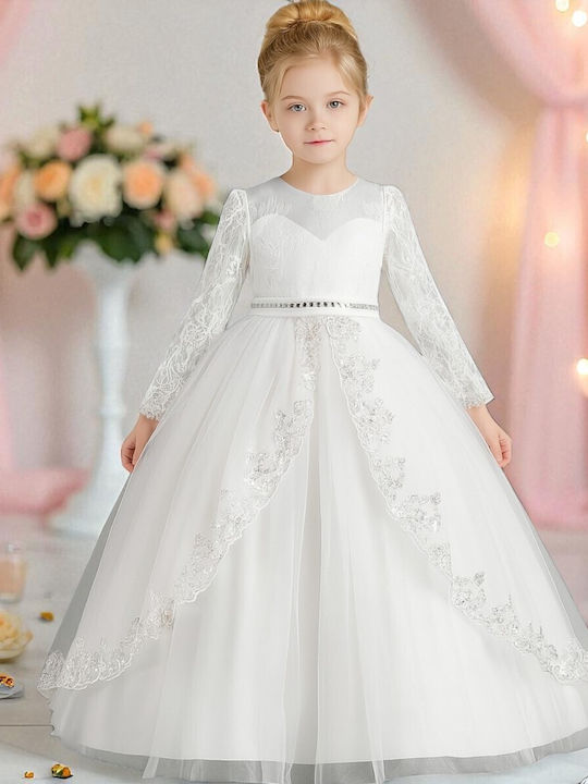 Mädchenkleid Langärmelig mit Spitze Set aus Zubehör Weiß