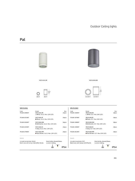VK Lighting Σποτ Οροφής Εξωτερικού Χώρου GU10 σε Ασημί Χρώμα 75169-203997