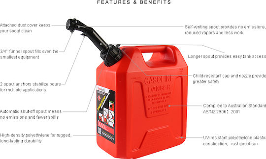 Seaflo Double Compartment Plastic Fuel Can With Extension Tube 10L Red