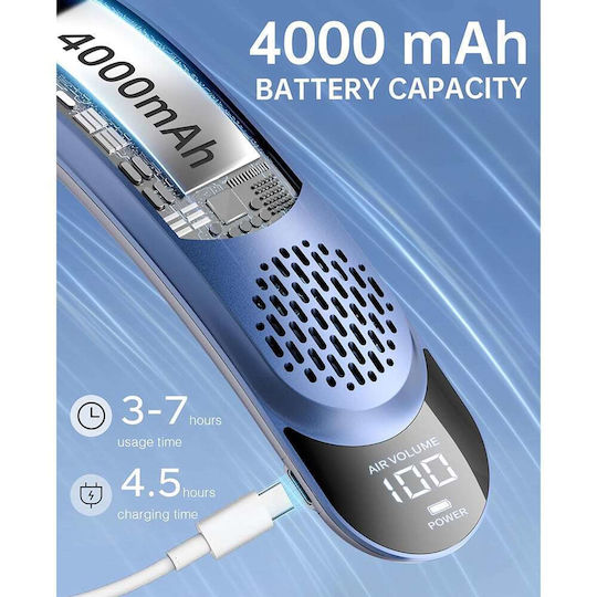 Techsuit Neck Fan S8 Portable Digital Display 3 Wind Speeds 4000mAh 7300rpm Blue