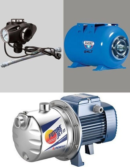 Pedrollo MONTAGE JCRm 2A + Single Phase Water Pressure Pump with Horizontal 24 Litre Container 1.25hp