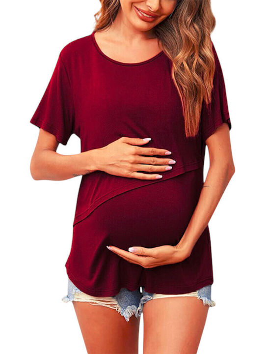 Burgundy Short Sleeve Asymmetrical Nursing Maternity Top Round Neck Summer 2025 Queen Mother