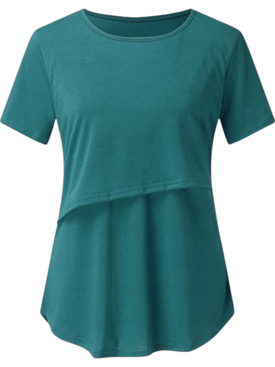 Petrol Short Sleeve Asymmetrical Nursing-Maternity Top Round Neck Summer 2025 Queen Mother