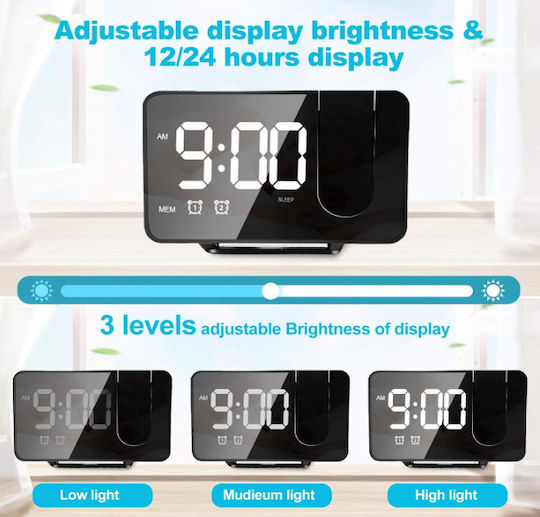 Tischuhr Digital LED mit Wecker & Tischradio Schwarz ROZA-913-BA