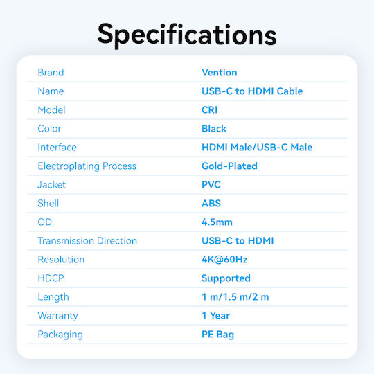 Vention Converter Usb-c To Hdmi Cable 4k60hz 1.5m Cribg