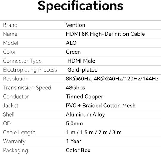 Vention Hdmi Cable 2.1 8k60hz Braided Ultra Thin 2.0m Alogh