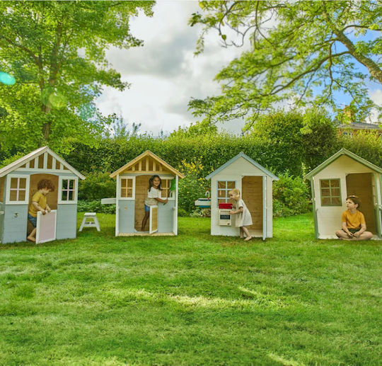 Village Set 3 Wooden Playhouses Unpainted and Mud Kitchen Height 140cm