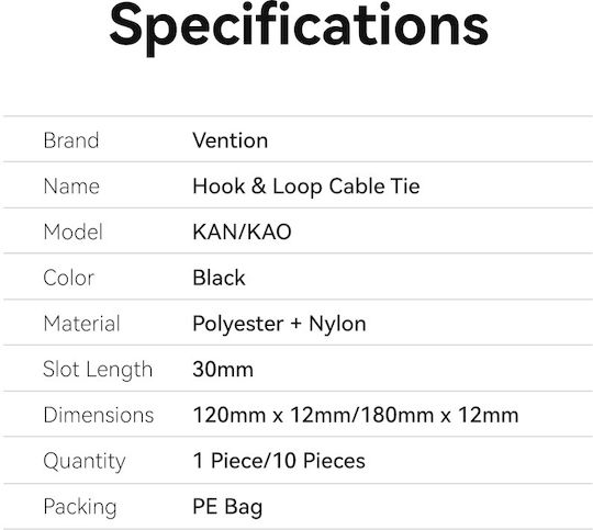 Vention Cable Organiser Hook Loop Cable Tie 120mm 10 Pcs Kanb0-10