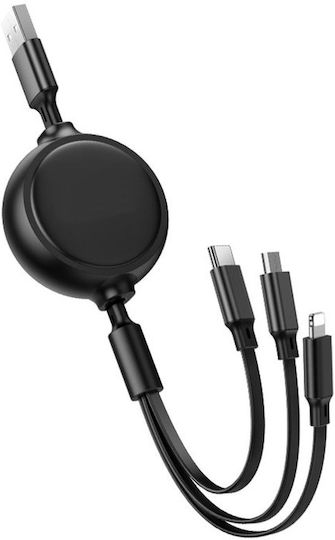 Usb-a To Type-c Lightning Micro-usb Cable 1m Length 3 Charging Heads Black