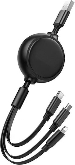 Usb-a To Type-c Lightning Micro-usb Cable 1m Length 3 Charging Heads Black